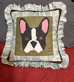 Boston Terrier Throw Pillow, Green with Batiks and Brown Border
